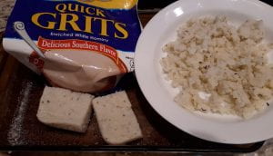 Crumbled grits for reheating