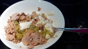 Add dill relish and just enough Miracle Whip to bind the tuna and pickles together.